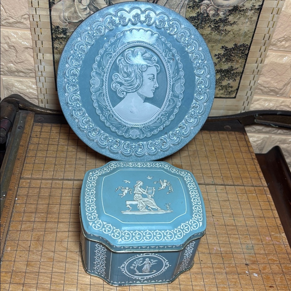 2 Vintage Metal Tin Boxes Soft Blue White Cameo Jasperware Style